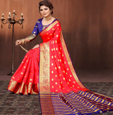 KING VULTURE Woven, Embellished Banarasi Jacquard, Cotton Silk Saree(Multicolor, Pink)