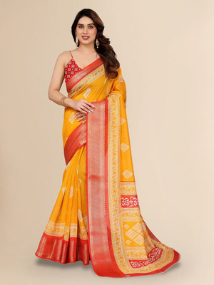 Moda Rapido Printed Bollywood Cotton Blend Saree(Mustard)
