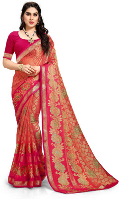 EMV Solid/Plain, Self Design Bollywood Brasso, Chiffon Saree(Pink, Orange)