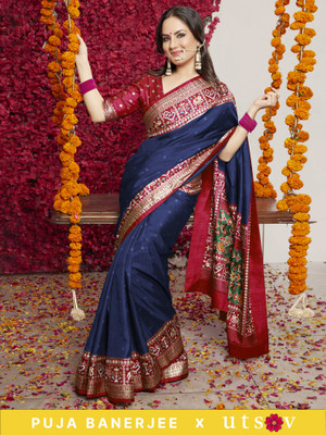 Divastri Woven Patola Silk Blend Saree(Dark Blue)