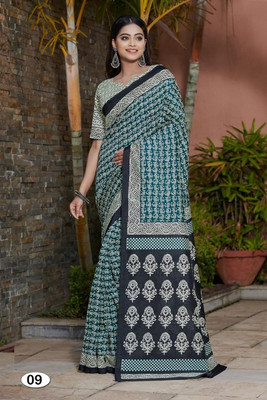 HD DESIGN Printed Daily Wear Pure Cotton Saree(Green)
