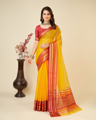 Yogik Creation Floral Print Banarasi Cotton Blend Saree(Yellow)