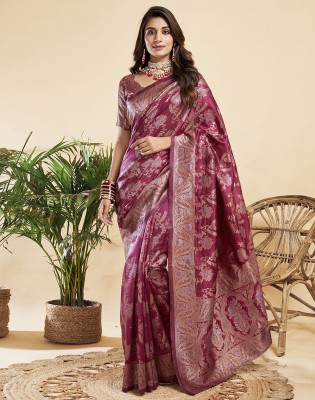 Divastri Dyed, Woven, Self Design Banarasi Silk Blend Saree(Pink, Gold)