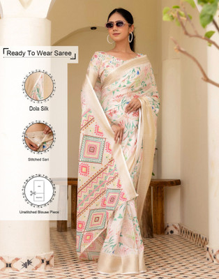 Samah Printed Bollywood Silk Blend Saree(Multicolor, Blue, Cream)