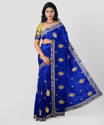 AADRIM Embroidered Bollywood Cotton Blend Saree(Blue)