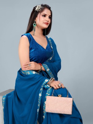 ISHA TRADE Embroidered Bollywood Georgette Saree(Blue)