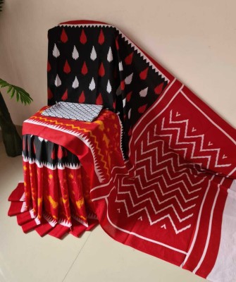 RAMNATHS Printed, Blocked Printed, Hand Painted Ikkat Pure Cotton Saree(Red, Black)