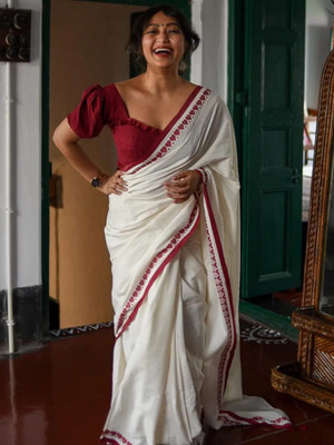 GaurabHandloom Self Design Handloom Cotton Blend Saree(White)