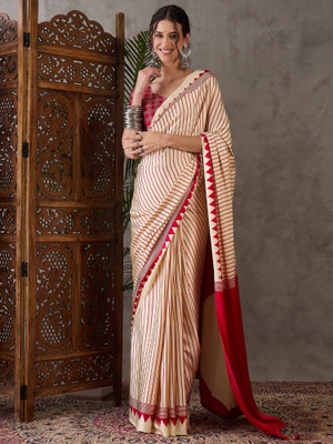 HouseOfCommon Striped, Printed Bollywood Silk Blend Saree(White)