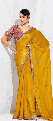 Shree nath Sadi Centre Embroidered, Solid/Plain Bollywood Pure Silk Saree(Yellow)