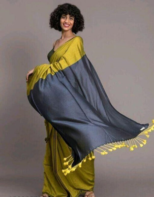 BRYNBRIT Solid/Plain Handloom Cotton Blend Saree(Multicolor)