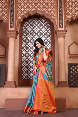 LAVYANSH CREATION Printed Banarasi Silk Blend, Jacquard Saree(Light Blue)