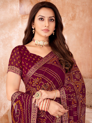Tasrika Printed Bandhani Chiffon Saree(Maroon)