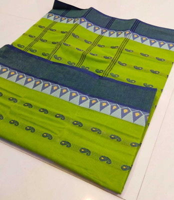 S G SAREES Woven Tant Handloom Pure Cotton Saree(Green, Blue)