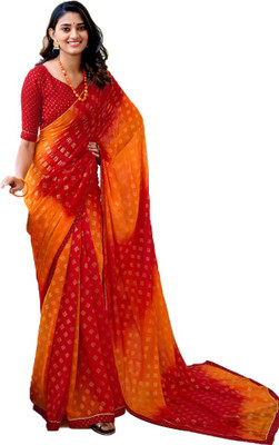 ethniccal Printed Bollywood Georgette Saree(Red, Yellow)