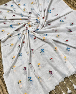Anidipta collection Self Design Handloom Cotton Blend Saree(White)