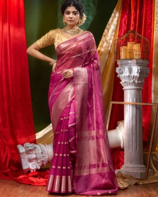 Banaras silk palace Striped, Woven Banarasi Organza Saree(Pink)