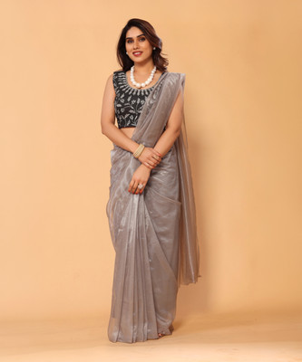 KANJIVARAM STYLE Embroidered, Solid/Plain, Embellished Bollywood Net Saree(Grey)