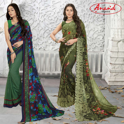 Anand Sarees Floral Print Daily Wear Georgette Saree(Pack of 2, Green, Blue, Multicolor)