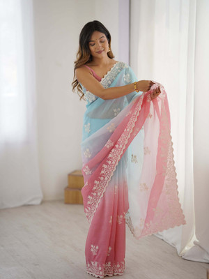 Dwarros Embroidered Bollywood Silk Blend Saree(Light Blue, Pink)