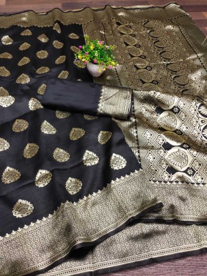 Aachari Embellished, Self Design, Floral Print, Woven, Applique Kanjivaram Jacquard, Pure Silk Saree(Black)