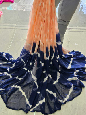 BL creations Dyed, Printed, Striped, Hand Painted, Self Design Leheria Chiffon Saree(Blue)