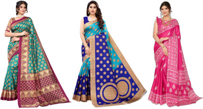 ANIRAV Printed Kasavu Art Silk Saree(Pack of 3, Blue, Pink)