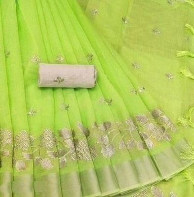 Quexle Woven Banarasi Cotton Linen Saree(Green)