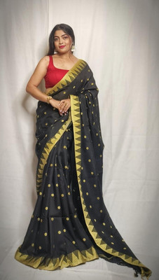 HouseOfCommon Temple Border Handloom Cotton Blend Saree(Black)