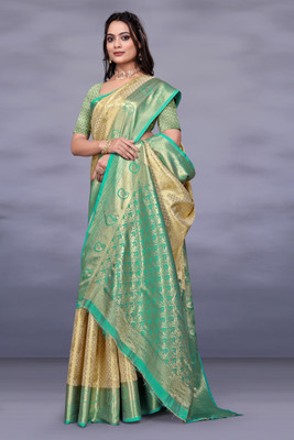 rangbhakti Woven Banarasi Silk Blend, Dupion Silk Saree(Cream, Green)