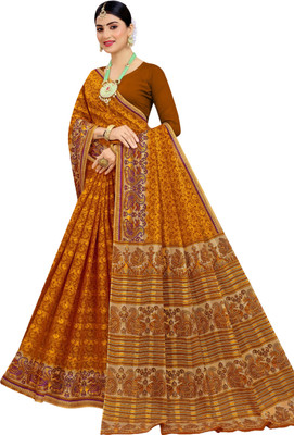 Veerji Sarees Printed Daily Wear Pure Cotton Saree(Orange, Gold)