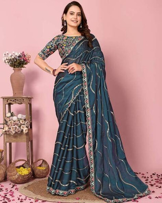 GOLDOLL FAB Embroidered Bollywood Silk Blend Saree(Blue)