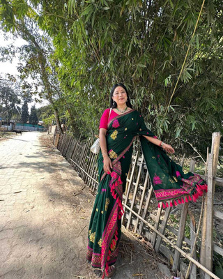 vrajtextiledr Woven Mekhela Chador Cotton Silk Saree(Dark Green)