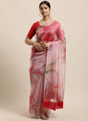 Divastri Floral Print Bollywood Organza Saree(Pink)