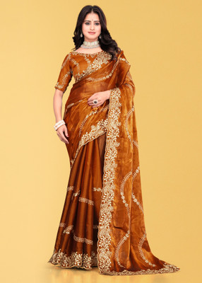 Brahmani Creation Embroidered Banarasi Organza Saree(Orange)