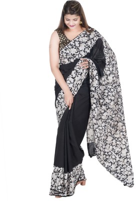 RAMNATH'S Blocked Printed, Color Block, Floral Print, Printed Bandhani Pure Cotton Saree(Black)