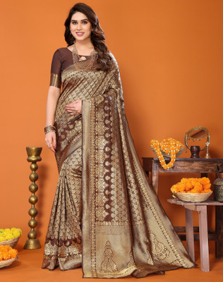 YASHIKA Printed Kanjivaram Silk Blend Saree(Brown)