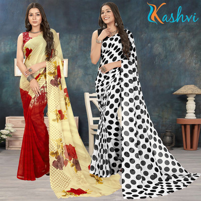 kashvi sarees Floral Print Daily Wear Georgette Saree(Pack of 2, Pink, Beige, Multicolor)