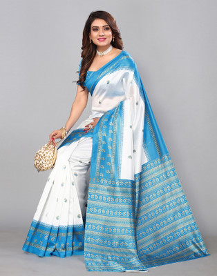 Samah Floral Print, Geometric Print, Polka Print, Paisley, Printed Daily Wear Cotton Silk, Silk Blend Saree  (White, Blue) For Rs. 229 @ 73 %