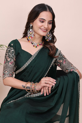 K 5 FASHION Self Design, Embroidered Bollywood Chiffon Saree(Dark Green)