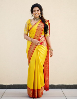 Bindi Woven Banarasi Jacquard Saree(Yellow, Orange)