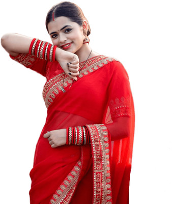 Sidhidata Embroidered, Dyed, Solid/Plain Bollywood Georgette Saree(Red)
