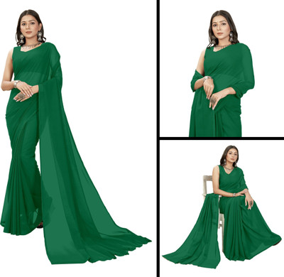 HouseOfCommon Solid/Plain Daily Wear Georgette Saree(Dark Green)