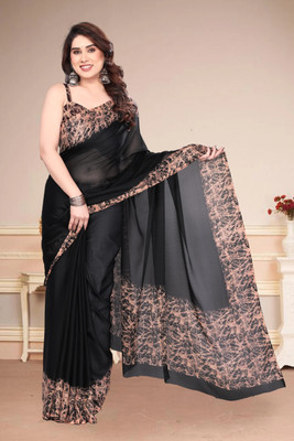 BilloRani Solid/Plain, Self Design, Printed Bollywood Chiffon Saree(Black)