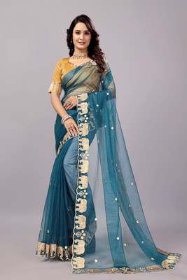 SROLY Embroidered Bollywood Net Saree(Blue)