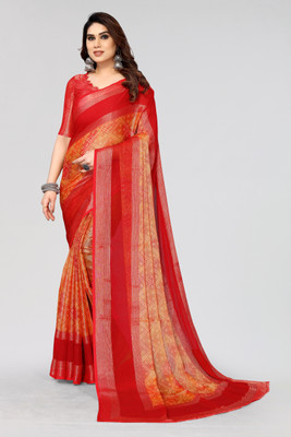 Winza Designer Printed Bandhani Chiffon, Brasso Saree(Red, Beige)