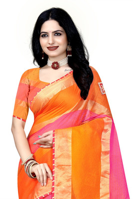 Dhanlaxmi Creation Woven Daily Wear Cotton Blend Saree(Orange, Pink)