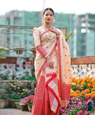 Tech Twins Woven Mekhela Chador Silk Blend Saree(Cream)
