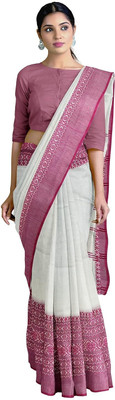 SSK Striped, Checkered, Temple Border Bollywood Handloom Pure Cotton Saree(White)