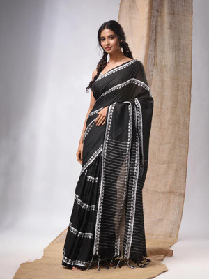 binita Embroidered Handloom Cotton Blend Saree(White)